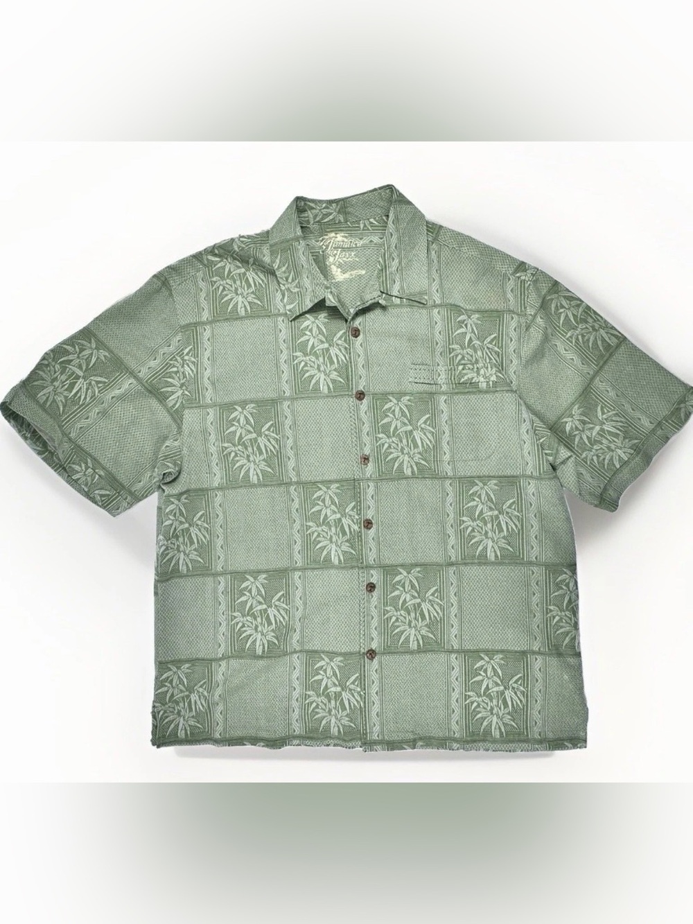 Jamaica Jaxx Mens XL 100% Silk Hawaiian Shirt Sage Green Palm Tropical Resort